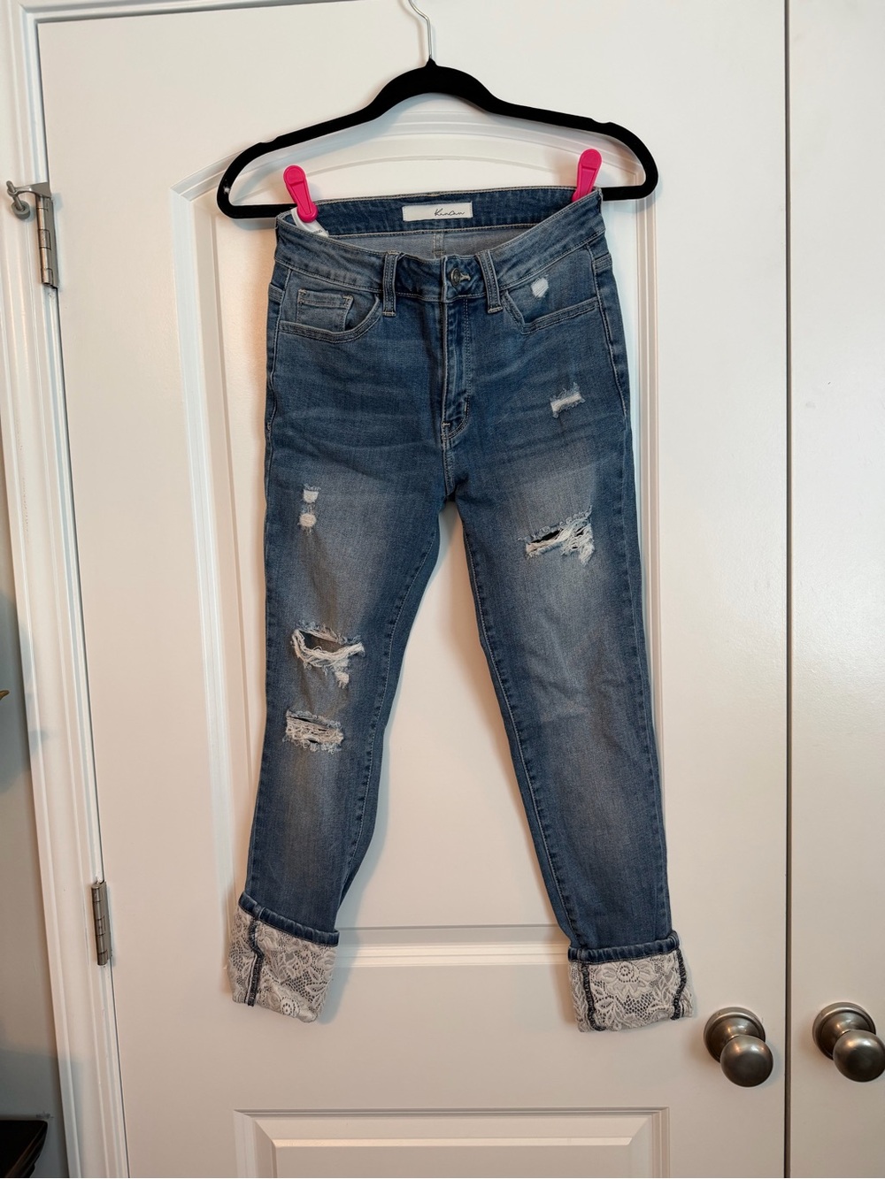 Kancan Distressed Women's Blue Jeans with Cuffed lace Hem